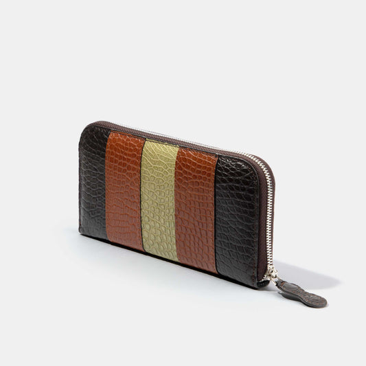 8 Inch 3-Tone Alligator Flank Zip Long Wallet Matte Olive Green Brown Dark Brown - Side View