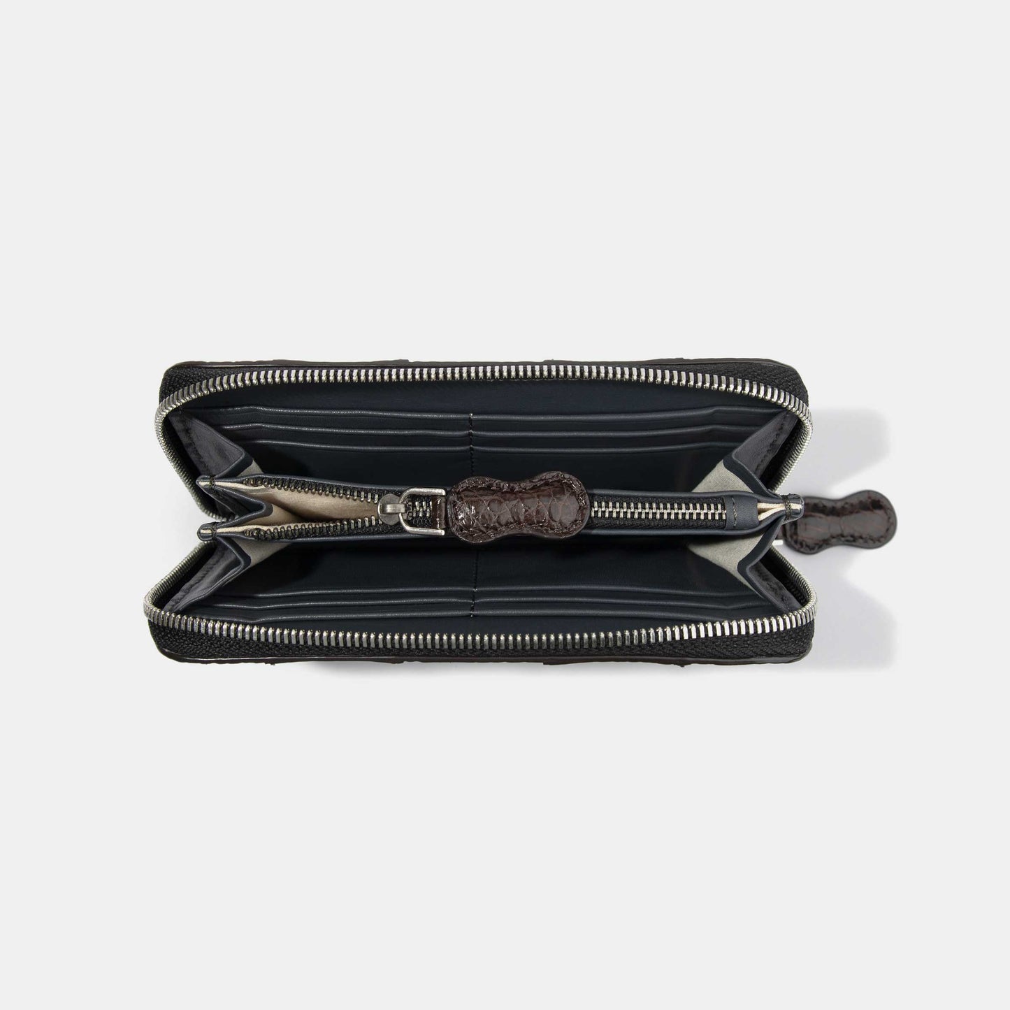 8 Inch 3-Tone Shiny Alligator Flank Zip Long Wallet White Gold Dark Brown Inside Compartments