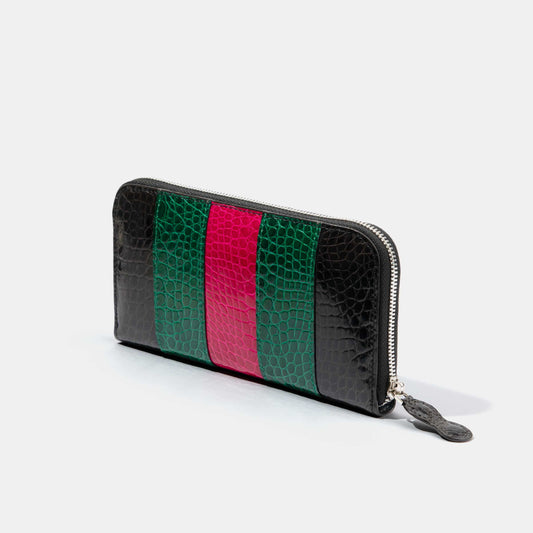 8 Inch 3-Tone Shiny Alligator Flank Zip Long Wallet Hot Pink Green Black Side View