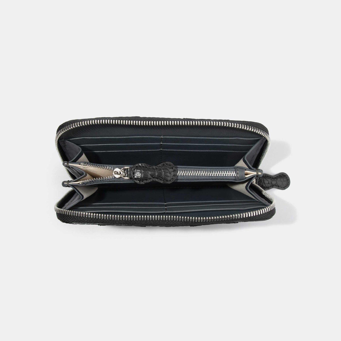 8 Inch 3-Tone Matte Alligator Flank Zip Long Wallet Light Grey Grey Black Inside Compartments