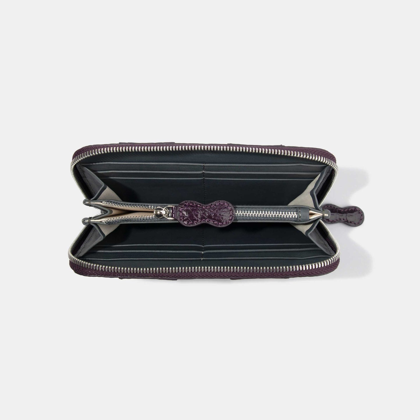 8 Inch 3-Tone Shiny Alligator Flank Zip Long Wallet Pink Purple Dark Purple Inside Compartments
