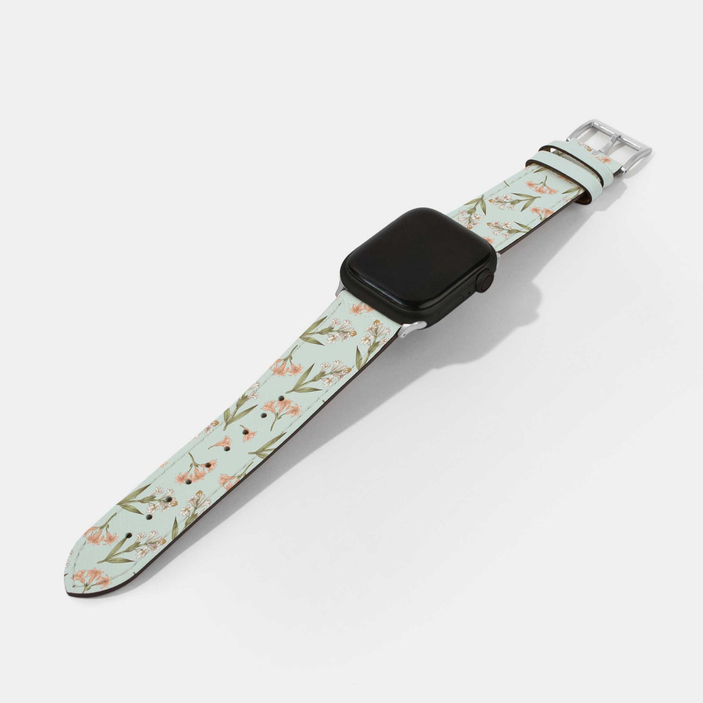 Apple Watch 錶帶 - 粉紅色花朵皮錶帶 (淺藍色)