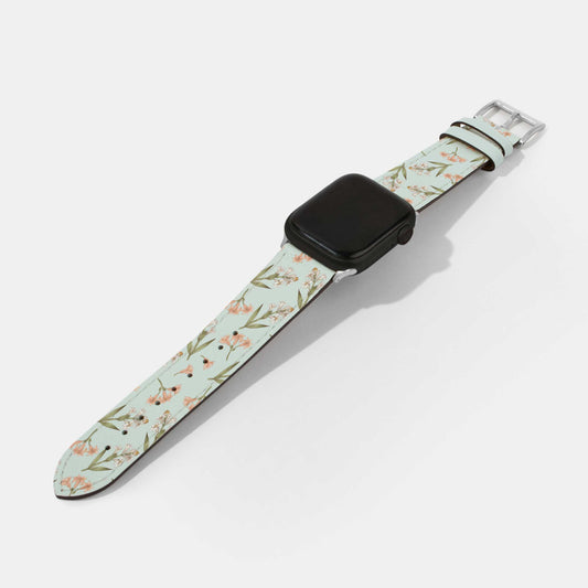 Apple Watch 錶帶 - 粉紅色花朵皮錶帶 (淺藍色)