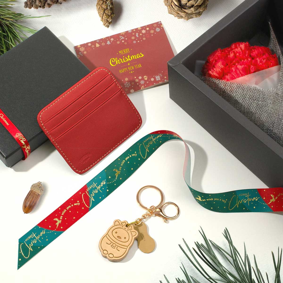 【Personalised Christmas Gift Set】Customized Lambskin Cardholder & Wooden Engraved Keychain