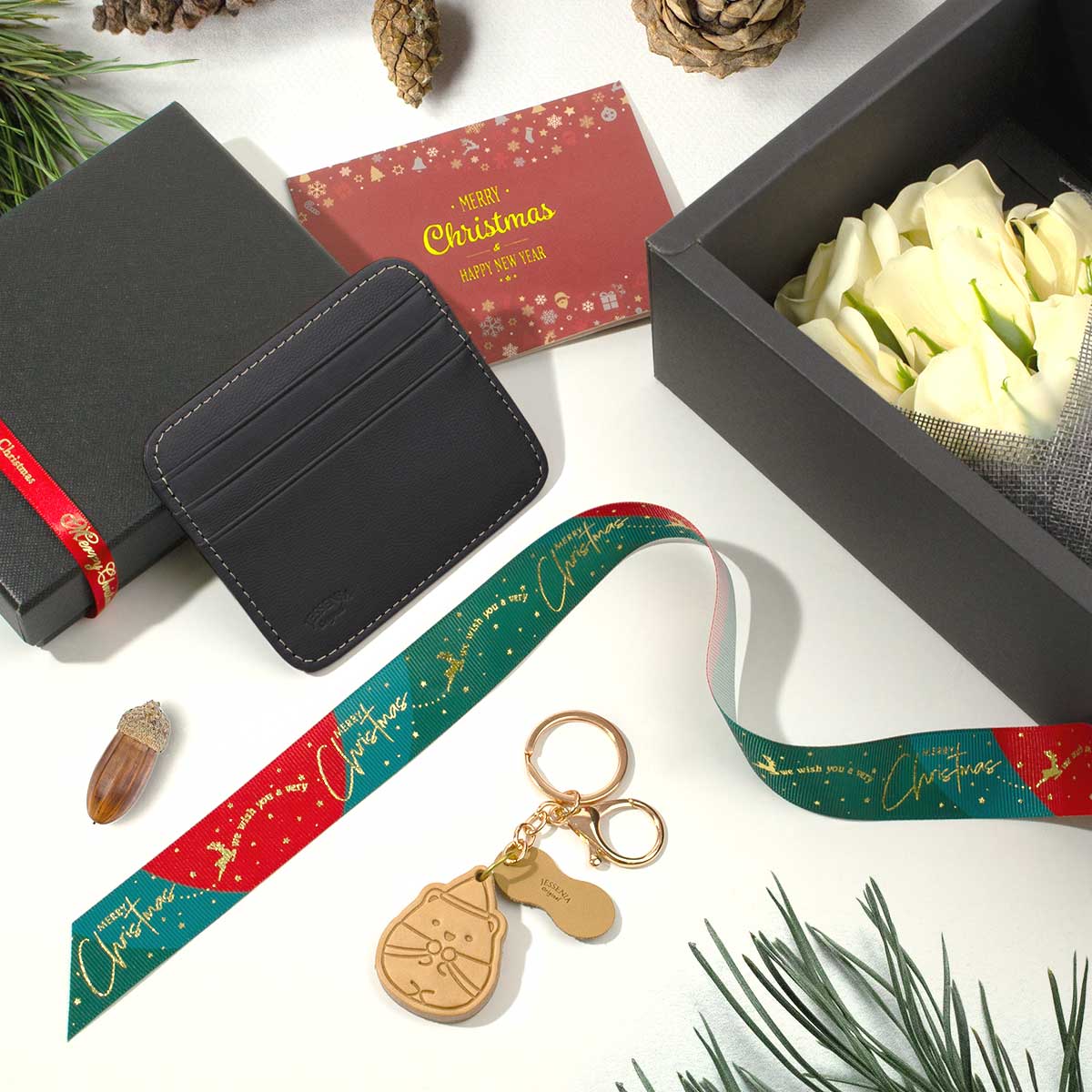 【Personalised Christmas Gift Set】Customized Lambskin Cardholder & Wooden Engraved Keychain