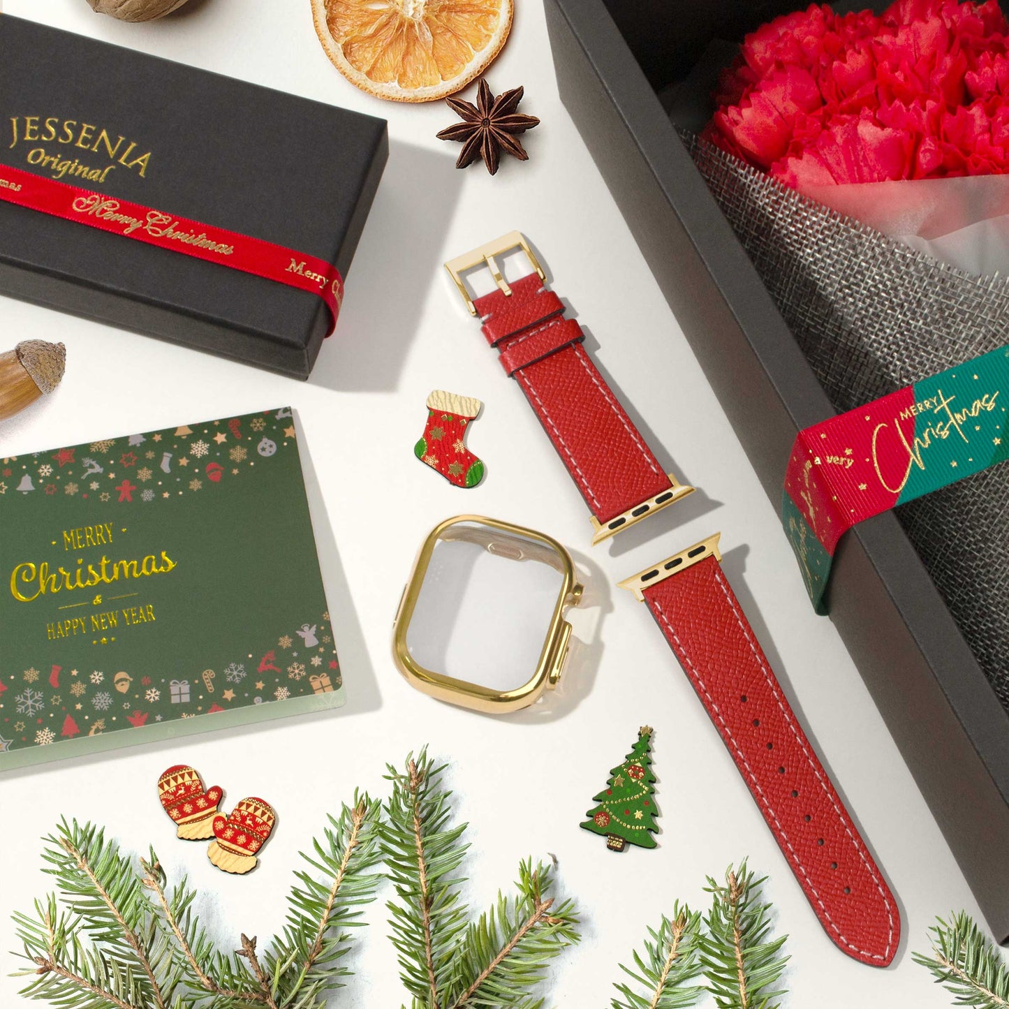 【Christmas Gift Set】Epsom Calf Leather Apple Watch Strap & Protective Watch Case