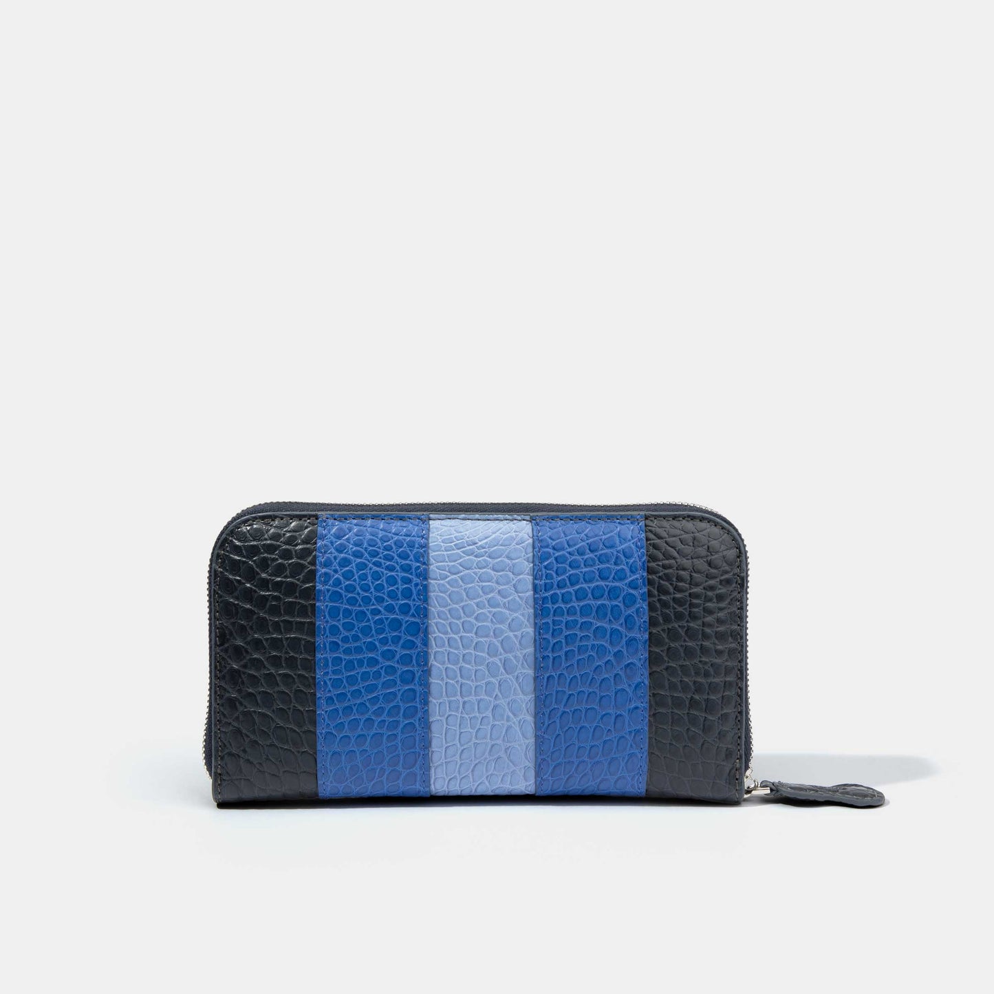 8 Inch 3-Tone Matte Alligator Flank Zip Long Wallet Light Blue Blue Navy