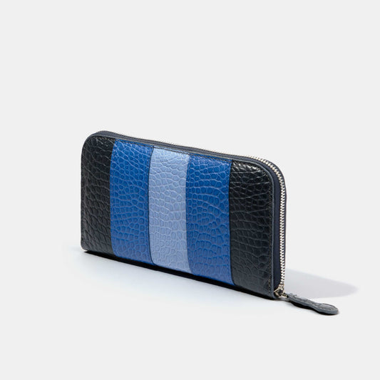 8 Inch 3-Tone Matte Alligator Flank Zip Long Wallet Light Blue Blue Navy Side View