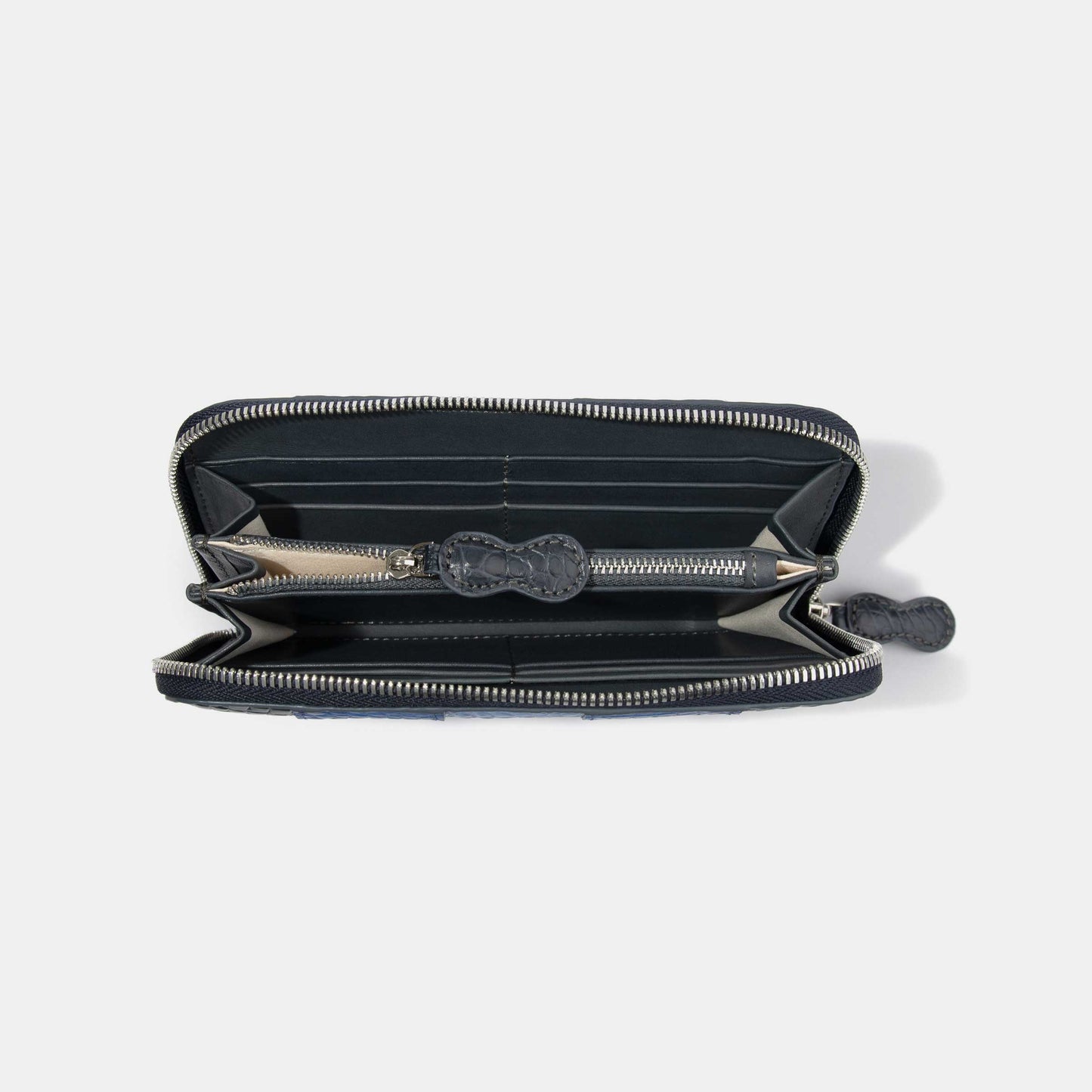 8 Inch 3-Tone Matte Alligator Flank Zip Long Wallet Light Blue Blue Navy Inside Compartments