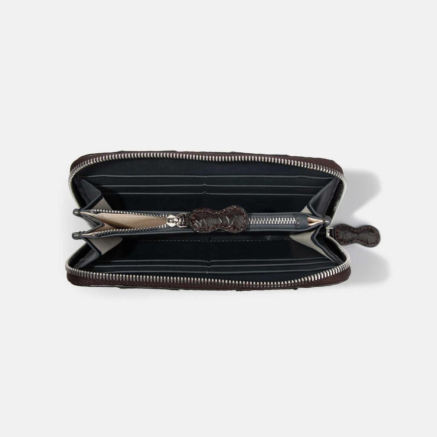 8 Inch 3-Tone Alligator Flank Zip Long Wallet Matte Olive Green Brown Dark Brown - Inside Compartments