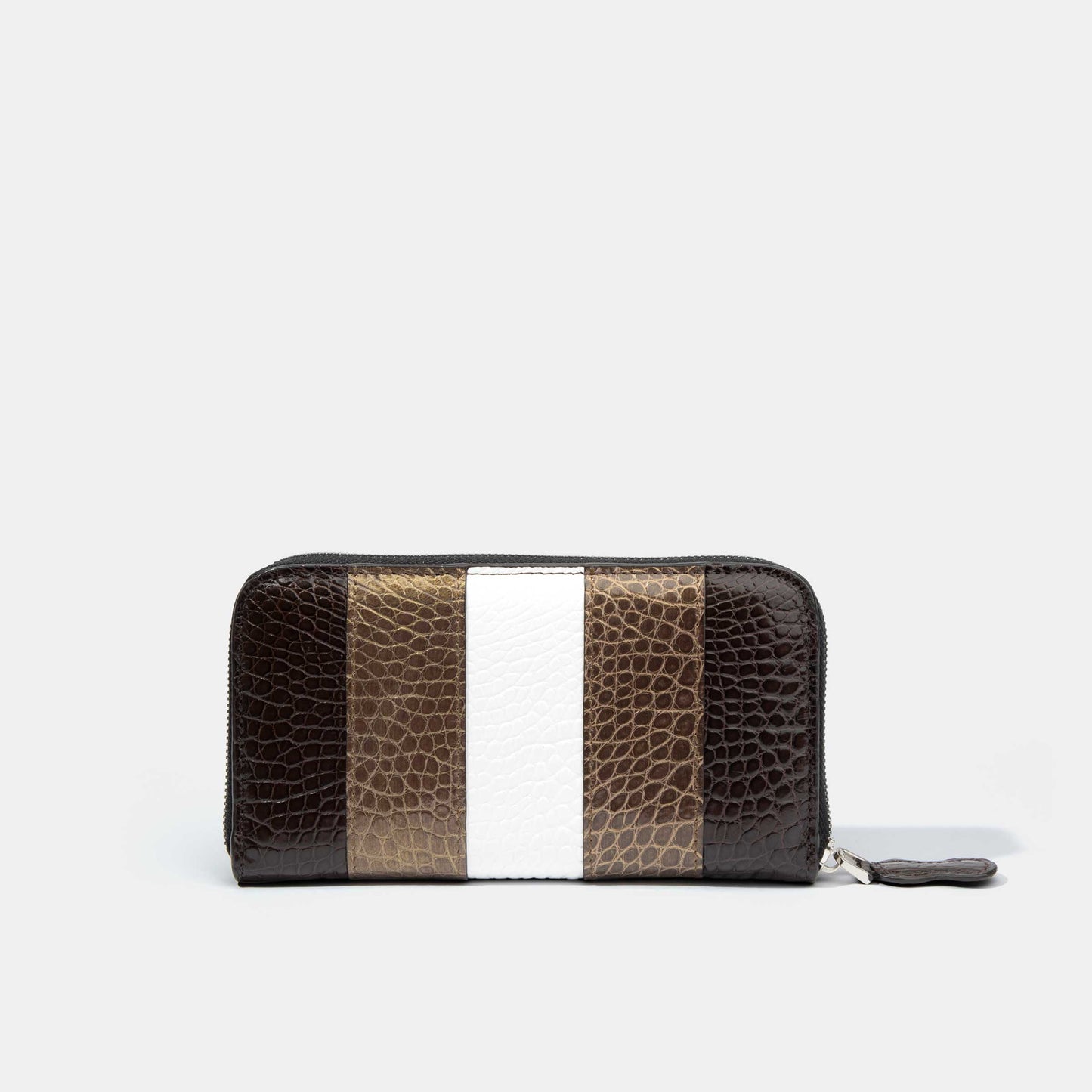 8 Inch 3-Tone Shiny Alligator Flank Zip Long Wallet White Gold Dark Brown