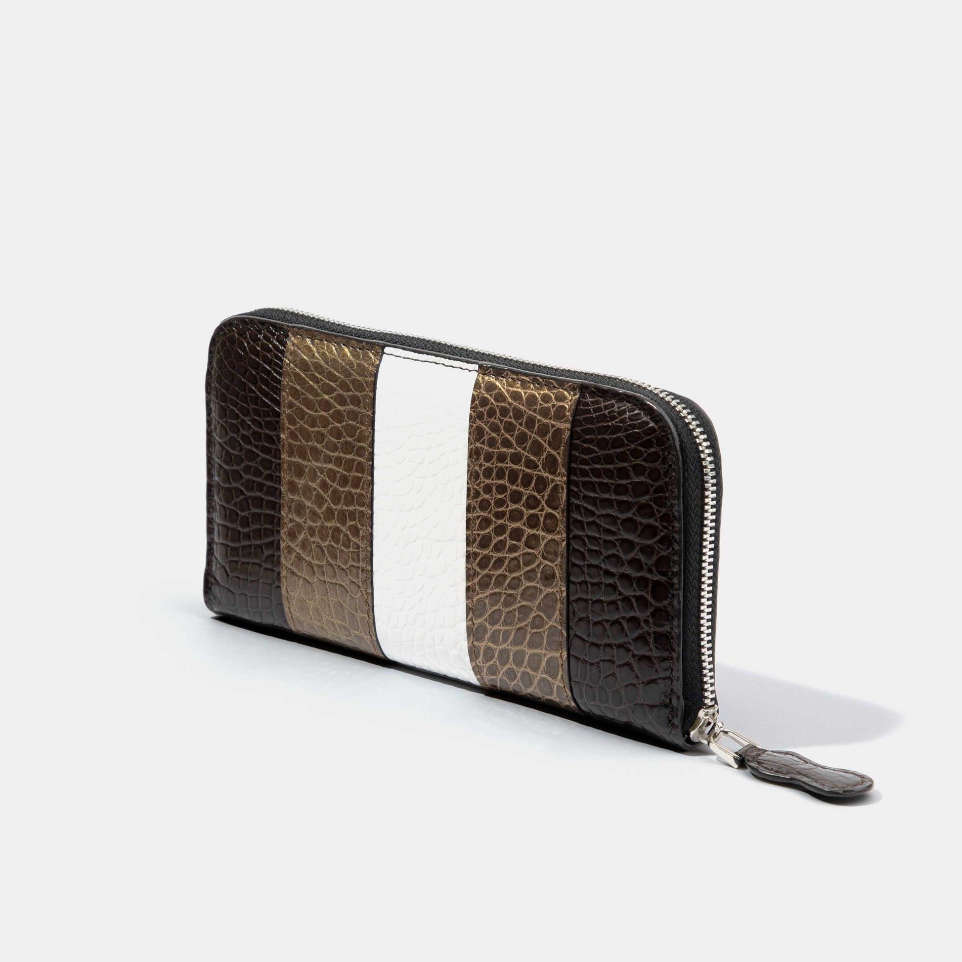 8 Inch 3-Tone Shiny Alligator Flank Zip Long Wallet White Gold Dark Brown Side View