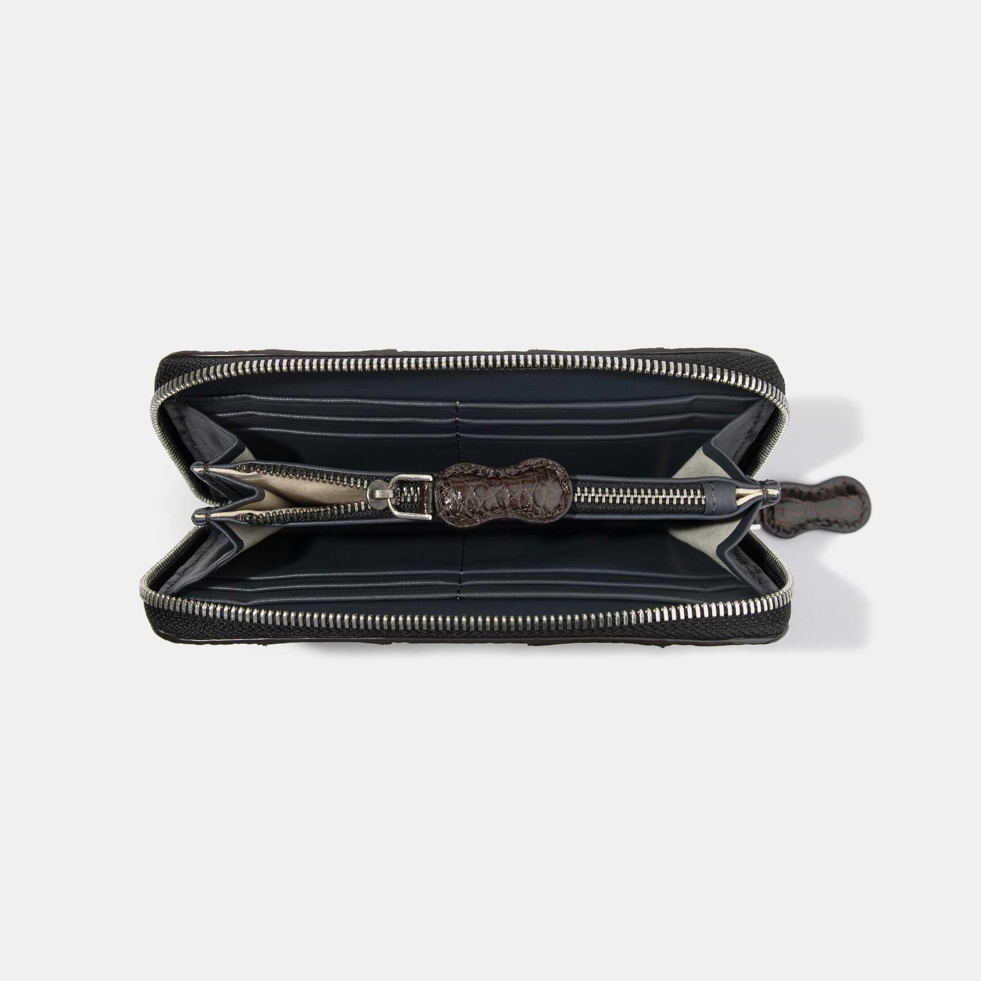 8 Inch 3-Tone Shiny Alligator Flank Zip Long Wallet White Gold Dark Brown Inside Compartments