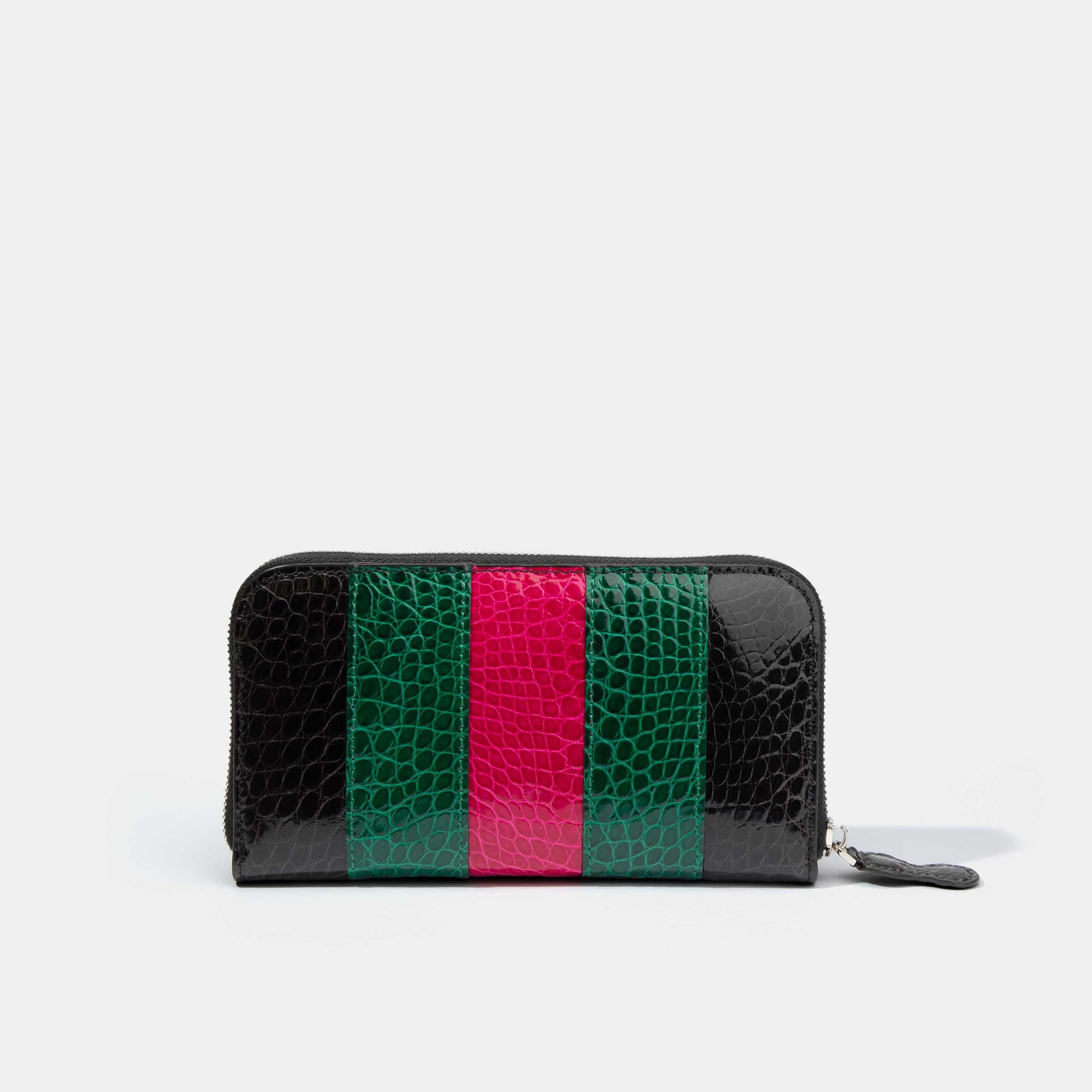 8 Inch 3-Tone Shiny Alligator Flank Zip Long Wallet Hot Pink Green Black