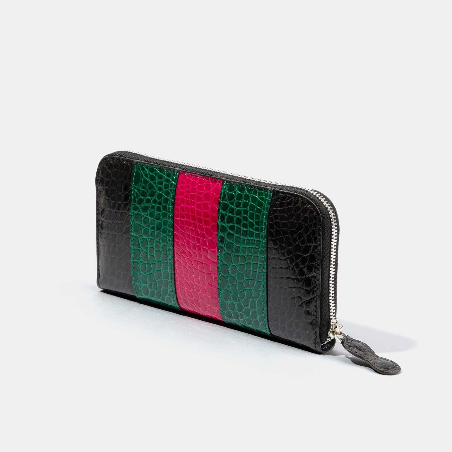 8 Inch 3-Tone Shiny Alligator Flank Zip Long Wallet Hot Pink Green Black Side View