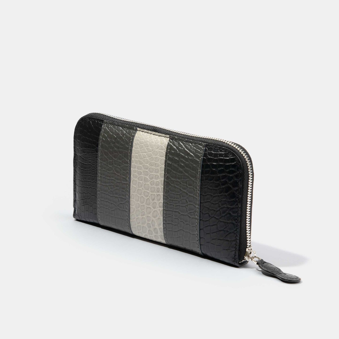 8 Inch 3-Tone Matte Alligator Flank Zip Long Wallet Light Grey Grey Black Side View