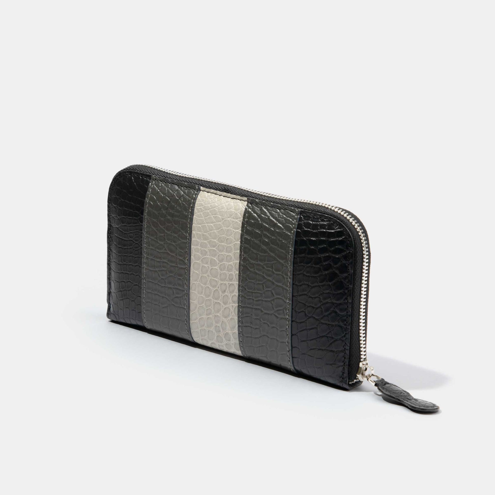 8 Inch 3-Tone Matte Alligator Flank Zip Long Wallet Light Grey Grey Black Side View