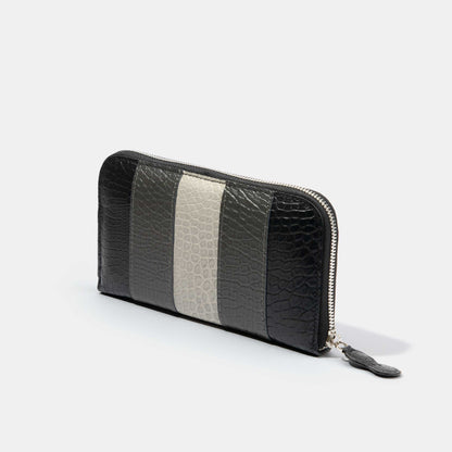 8 Inch 3-Tone Matte Alligator Flank Zip Long Wallet Light Grey Grey Black Side View