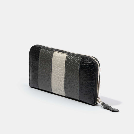8 Inch 3-Tone Matte Alligator Flank Zip Long Wallet Light Grey Grey Black Side View