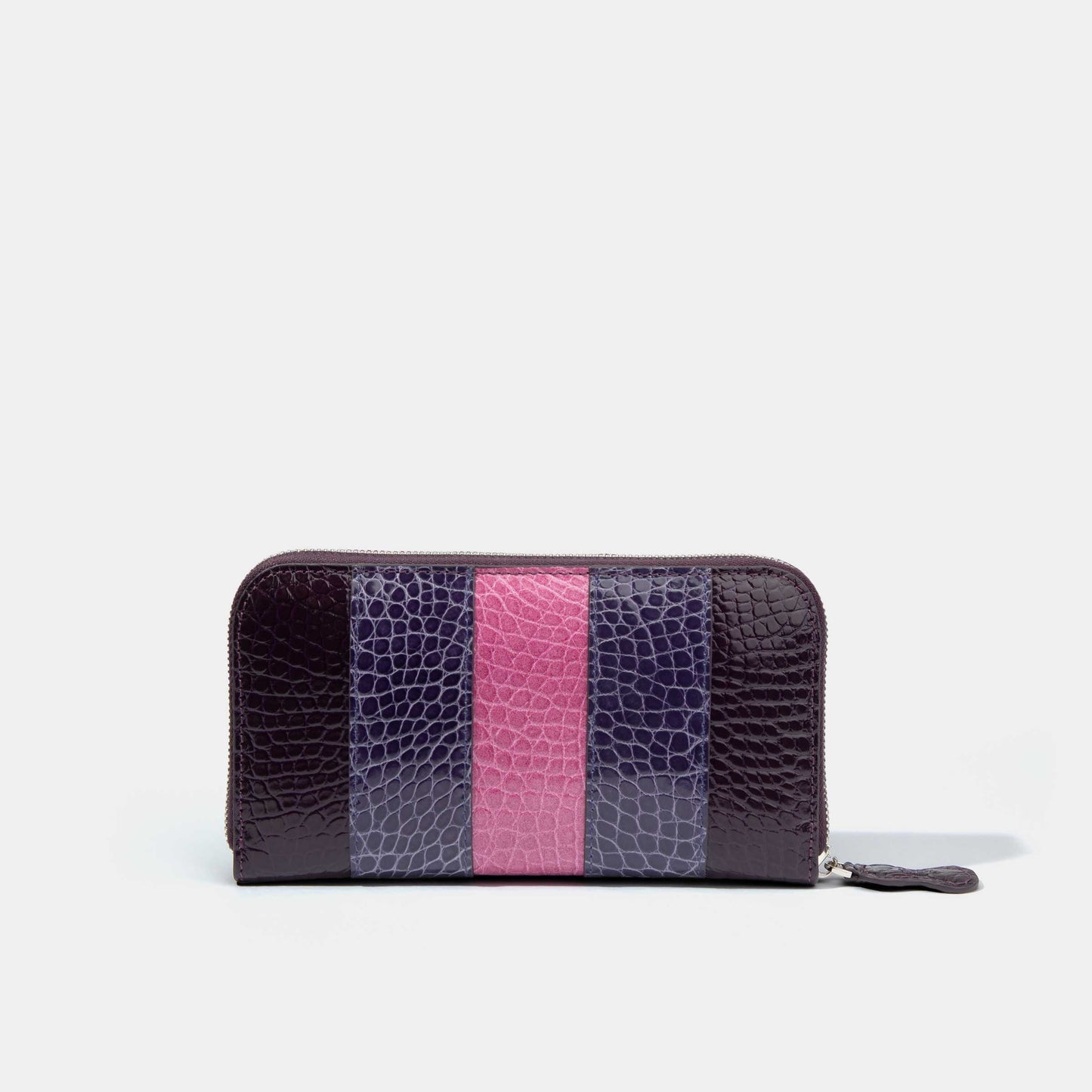 8 Inch 3-Tone Shiny Alligator Flank Zip Long Wallet Pink Purple Dark Purple
