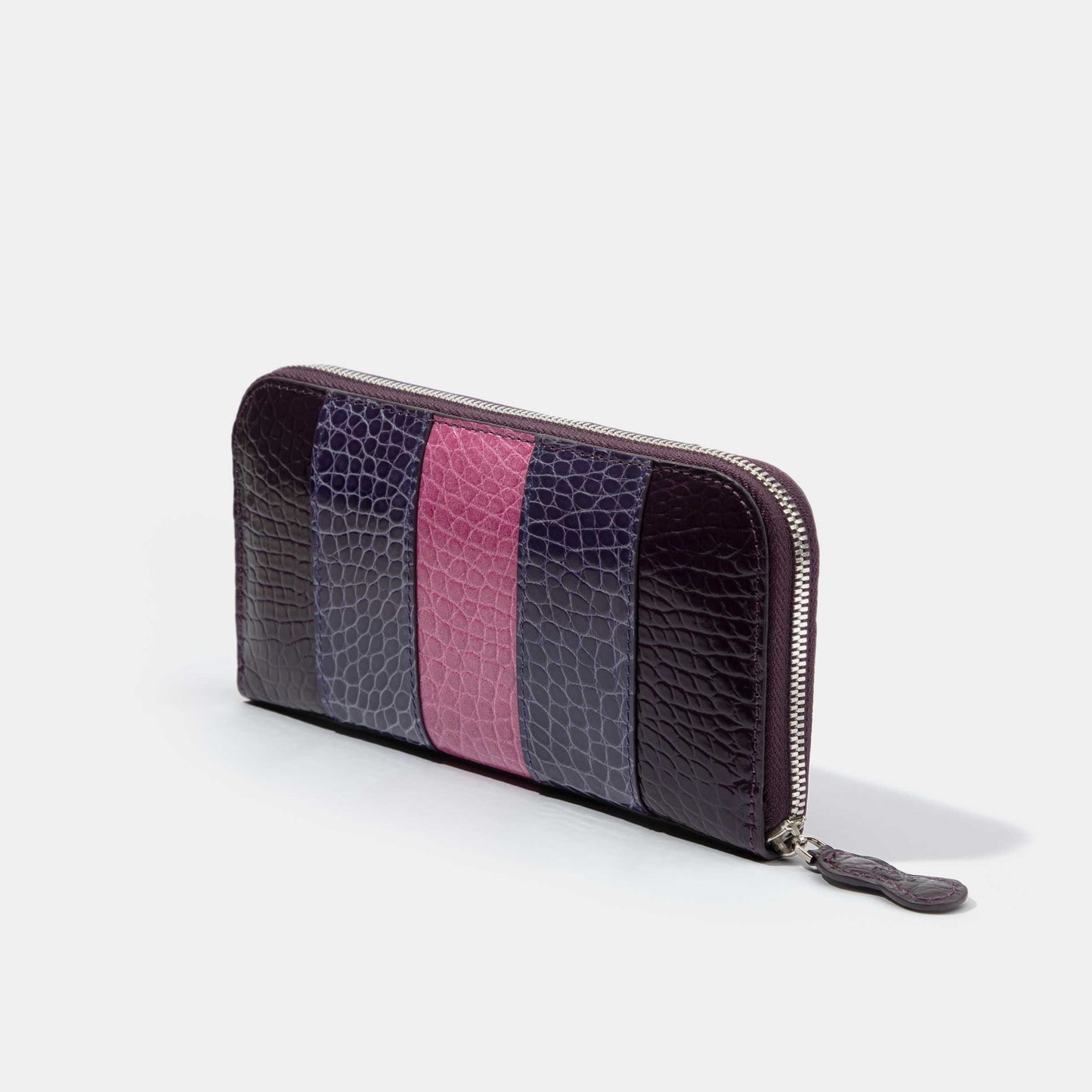 8 Inch 3-Tone Shiny Alligator Flank Zip Long Wallet Pink Purple Dark Purple Side View