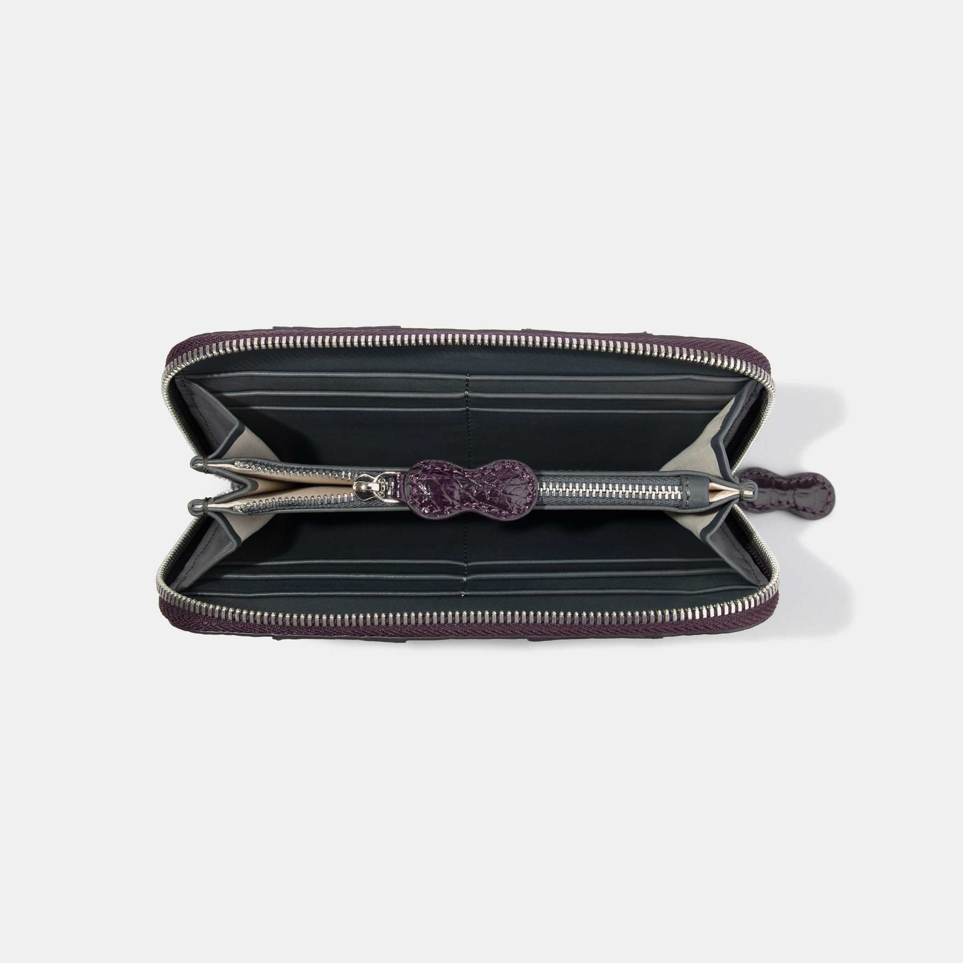 8 Inch 3-Tone Shiny Alligator Flank Zip Long Wallet Pink Purple Dark Purple Inside Compartments