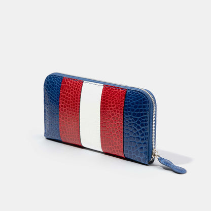 8 Inch 3-Tone Shiny Alligator Flank Zip Long Wallet White Red Blue Side View
