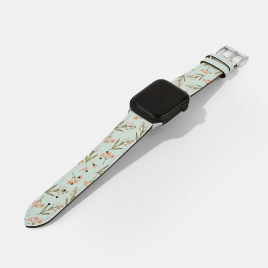 Pink Color Blossom Light Blue Leather Watch Strap | Apple Watch