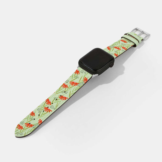 Orange Color Blossom Green Leather Watch Strap | Apple Watch