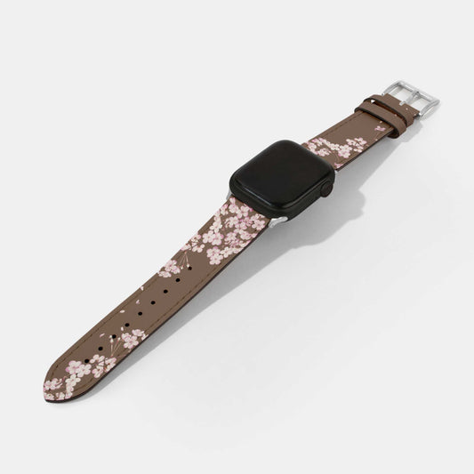 Sakura Pink Blossom Tobacco Brown Leather Watch Strap | Apple Watch