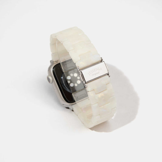 White Pearl Mosaic Pattern Epoxy Resin Watch Strap for Apple Watch Steel Color Buckle